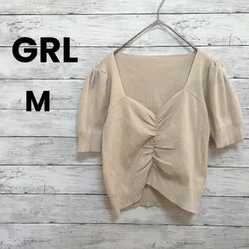 [ GRL ] 그레일 니트 반팔(M) 숏 기장 벌룬 슬리브 귀여움
