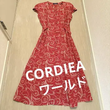 월드 일본제 CORDIER 꽃무늬 반팔 원피스 빨간색 42호 린넨