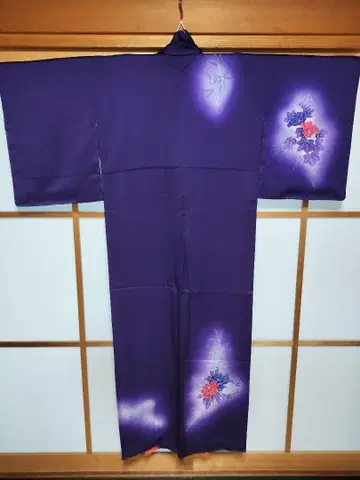 새상품급 순수 실크 보라색 카틀레아 꽃무늬 염색 쓰케사게
