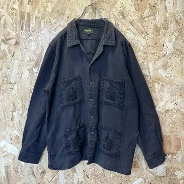 vintage 네이티브 무늬 애니멀 무늬 자수 오픈 카라 셔츠 블랙