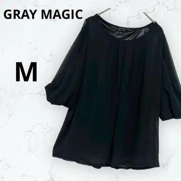 *그레이매직* 블라우스 시어 비침 5부 소매 하늘거리는 상의 블랙