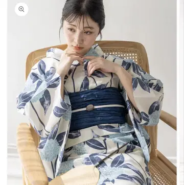 파란색과 화이트 컬러 꽃무늬 유카타 오비 세트