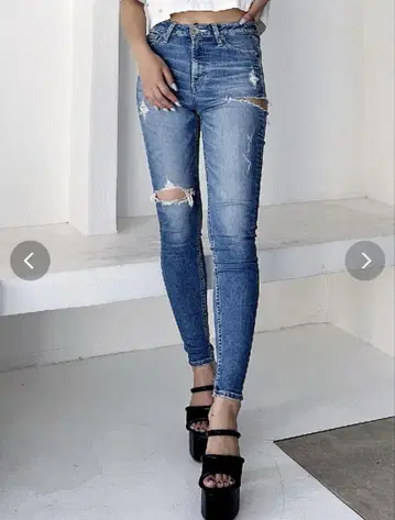 GYDA 미들 웨스트 SIDE RIPPED 스키니 데님 팬츠 데미지