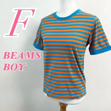 BEAMS BOY 빔즈보이 티셔츠 반팔 스카이블루 오렌지 보더 F