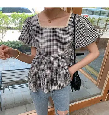 깅엄 체크 반팔 상의