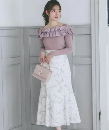백 레이스업 리본 프린트 머메이드 스커트