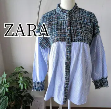 ZARA 자라 트위드 도킹 블라우스 스트라이프 드롭 숄더