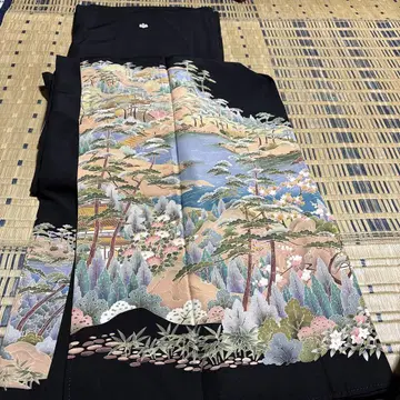 검정 전통 예복 기모노 풍경화 실크 소재