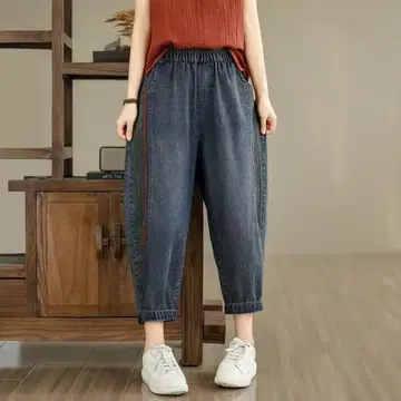 데님 팬츠 여성용 허리 밴딩 포켓 부착 빅 사이즈 네이비