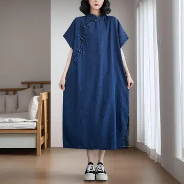 원피스 차이나 드레스 여성용 미들 기장 데님 네이비
