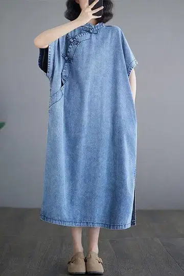 원피스 차이나 드레스 여성용 미들 기장 데님 끈 버튼 블루