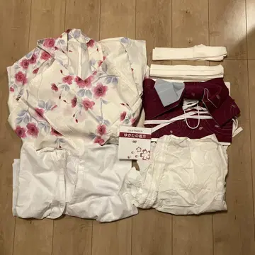유카타 오비 세트 흰색 바탕에 핑크 꽃무늬