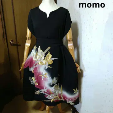 정견 블랙 도메소데 허리 리본 포함 턱 주름 원피스 기모노 리메이크