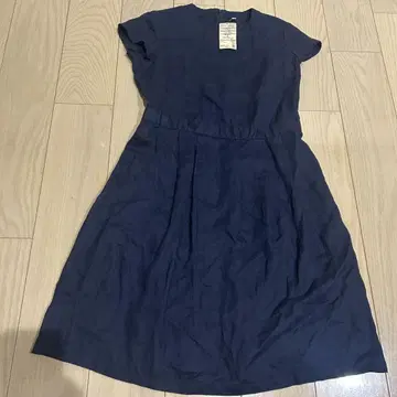 새상품 MUJI 라운드넥 반팔 원피스 네이비 린넨 슬리브리스 L