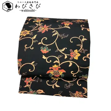 나고야 오비 꽃 덩굴 패턴 크레이프 원단 블랙 컬러 O-5385