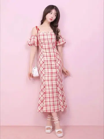 엠미에메 2WAY 체크 롱 머메이드 원피스 빨간색