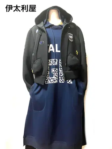 이타리야 후드 부착 풀 집업 숏 후드티 GK 로고 블루종