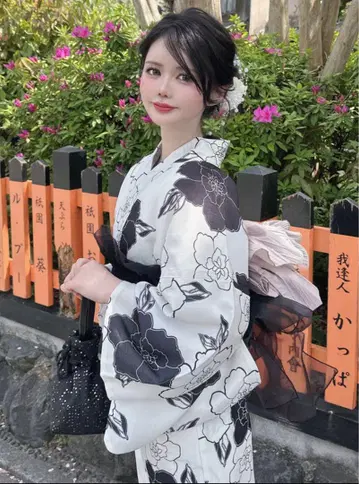 꽃무늬 모노톤 유카타 헤코오비 핑크 블랙 화이트 성인 꽃무늬 고전 모던