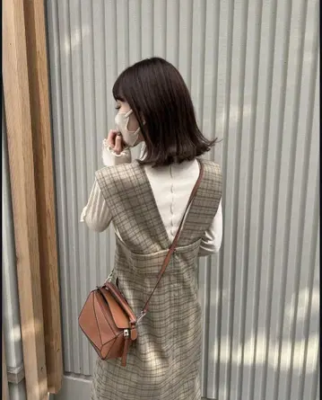hinari 체크 멜빵 원피스 베이지 M