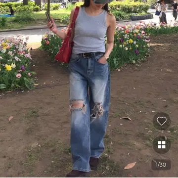 nugu FELICE 빈티지 데미지 와이드 데님 팬츠