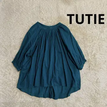 새상품급 TUTIE 코튼 블라우스 턱 개더 백 버튼 그린
