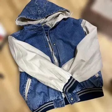 데님 바시티 자켓 데님 후드티