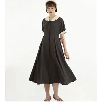 택 포함 새상품 an3 파이핑 더블 클레릭 카라 원피스 (brown)