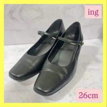 새상품급 ing 잉그 스트랩 펌프스 가죽 블랙 스퀘어토 26cm