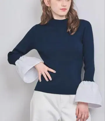 UNITEDARROWS 자카드 콤비 플레어 슬리브 니트 네이비