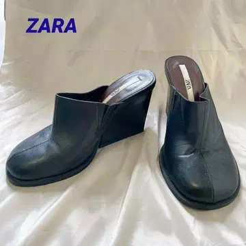 ZARA 인조 가죽 힐 샌들 블랙 라운드토 37 24cm