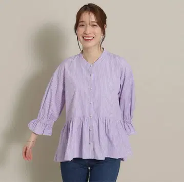 [ 새상품급 ] ITS'DEMO 페플럼 블라우스 스트라이프 펄 보라색