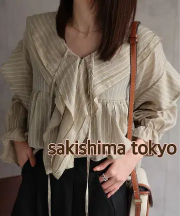 sakishima tokyo 빅 프릴 블라우스 컬러 베이지 스트라이프