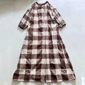 사만사 모스모스 롱 원피스 긴팔 체크 브라운 코튼 린넨