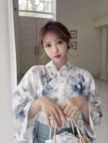 GRL 그레일 파란 꽃무늬 유카타 오비 세트