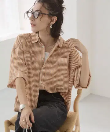 시어 오버 사이즈 레귤러 카라 셔츠 반팔 스트라이프 / 무지