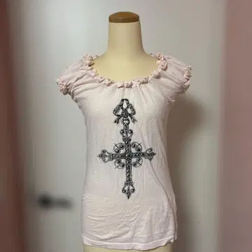 핑크 크로스 프린트 반팔 티셔츠