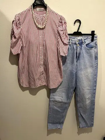 묶음 판매! L 사이즈 핑크와 화이트 스트라이프 반팔 셔츠 ZARA 데님