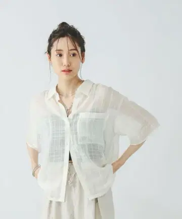 글로벌 워크 아소트 패턴 시어 셔츠 반팔 오프 체크 L