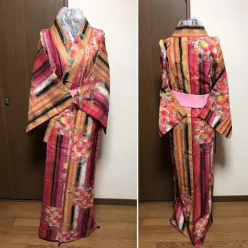 택 달린 앤티크!! 격자 세로 줄무늬 & 꽃무늬 겹기모노