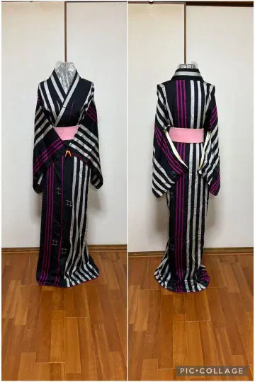 택 달린 앤티크!! 세로 줄무늬 이가스리 문양 이중 기모노