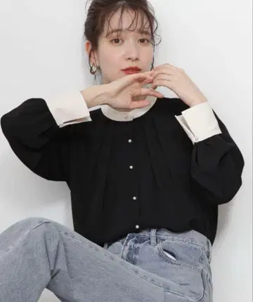 펄 버튼 바이컬러 블라우스 비즈니스 블랙 펄 오피스