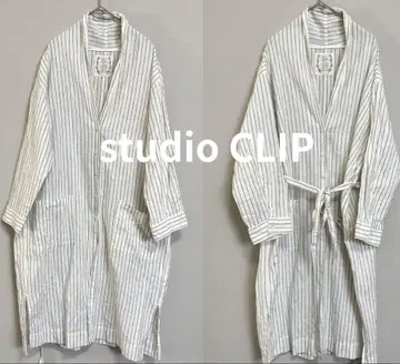 STUDIO CLIP 린넨 코튼 스트라이프 롱 셔츠 코트 원피스
