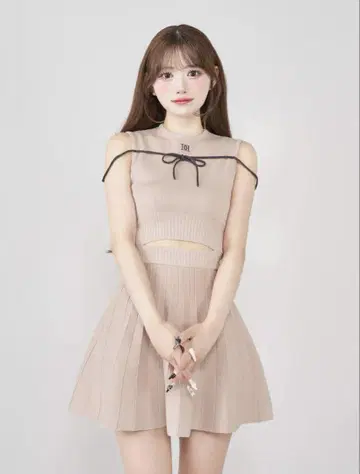 Darich 허리 오픈 스트링 니트 미니 원피스 베이지