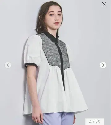 UNITED ARROWS 자수 콤비 숏 슬리브 블라우스
