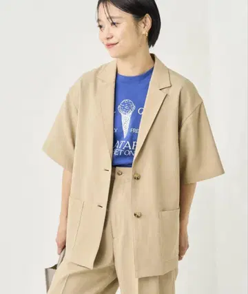 프릭스스토어 UV 컷 린넨 라이크 반팔 롱 팬츠 셋업 베이지