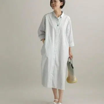 Utao: 우타오 스트라이프 롱 셔츠 원피스 반팔 화이트 블랙