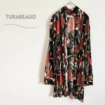 TURABEAUO 플리츠 가디건 롱 기장 매끈매끈 소재 꽃무늬