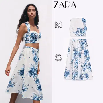 ZARA 셋업 프린트 크롭 상의 프린트 패턴 롱 스커트