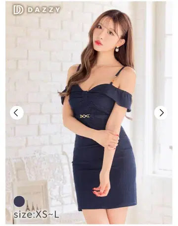 DAZZY 데님 리본 오프숄더 벨트 모티브 타이트 미니 드레스