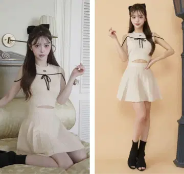 다리치 허리 오픈 스트링 니트 미니 원피스